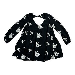 Free People Black Floral Embroidered Lined long Sleeve Mini Dress